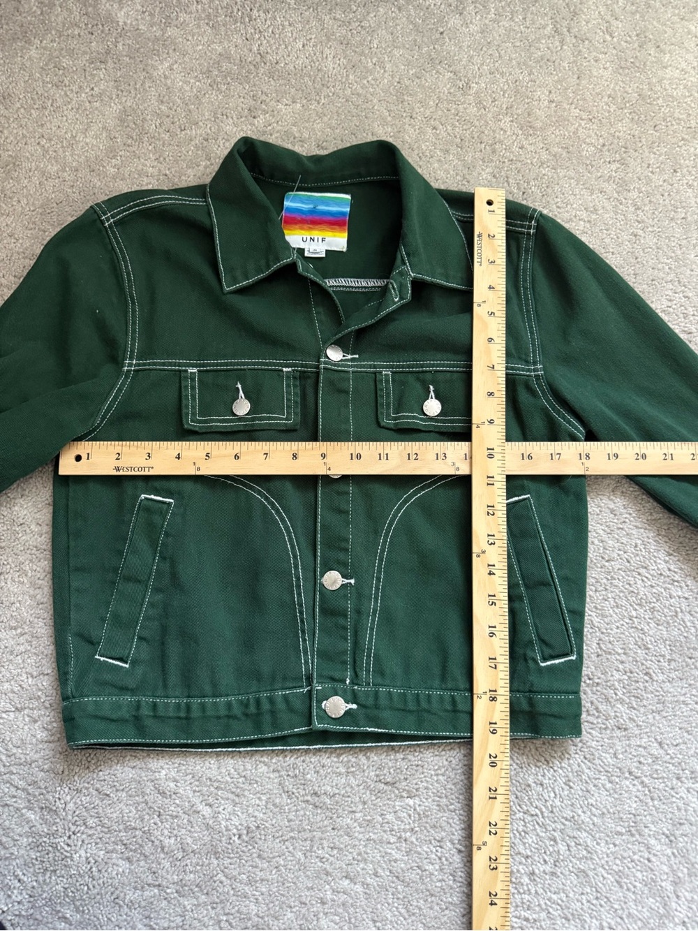 UNIF Forest Green Denim Trucker Jacket with White Stitching - Picture 5 of 5